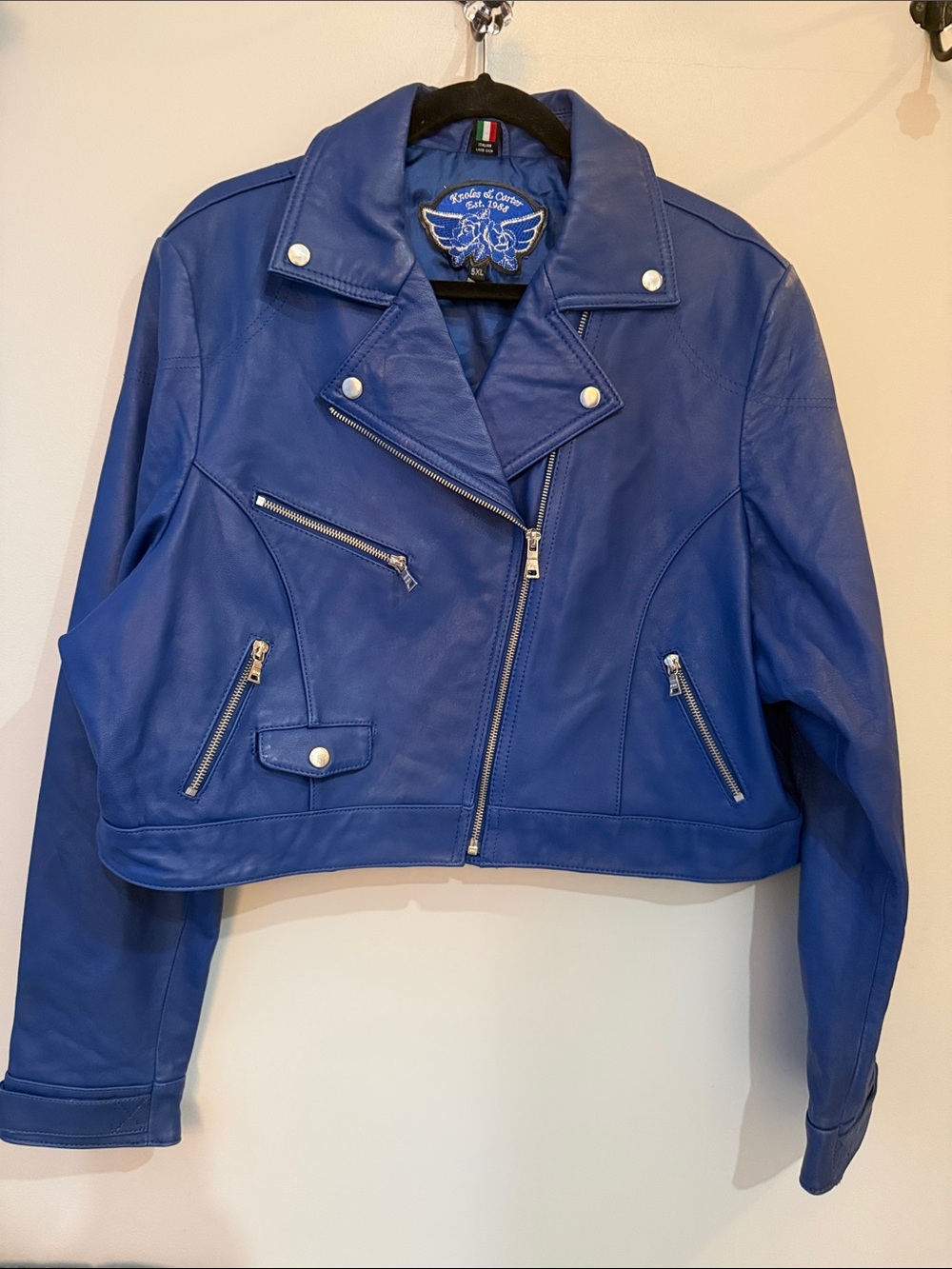 Knoles & Carter Italian Lambskin royal blue Leather Moto Jacket biker cropped